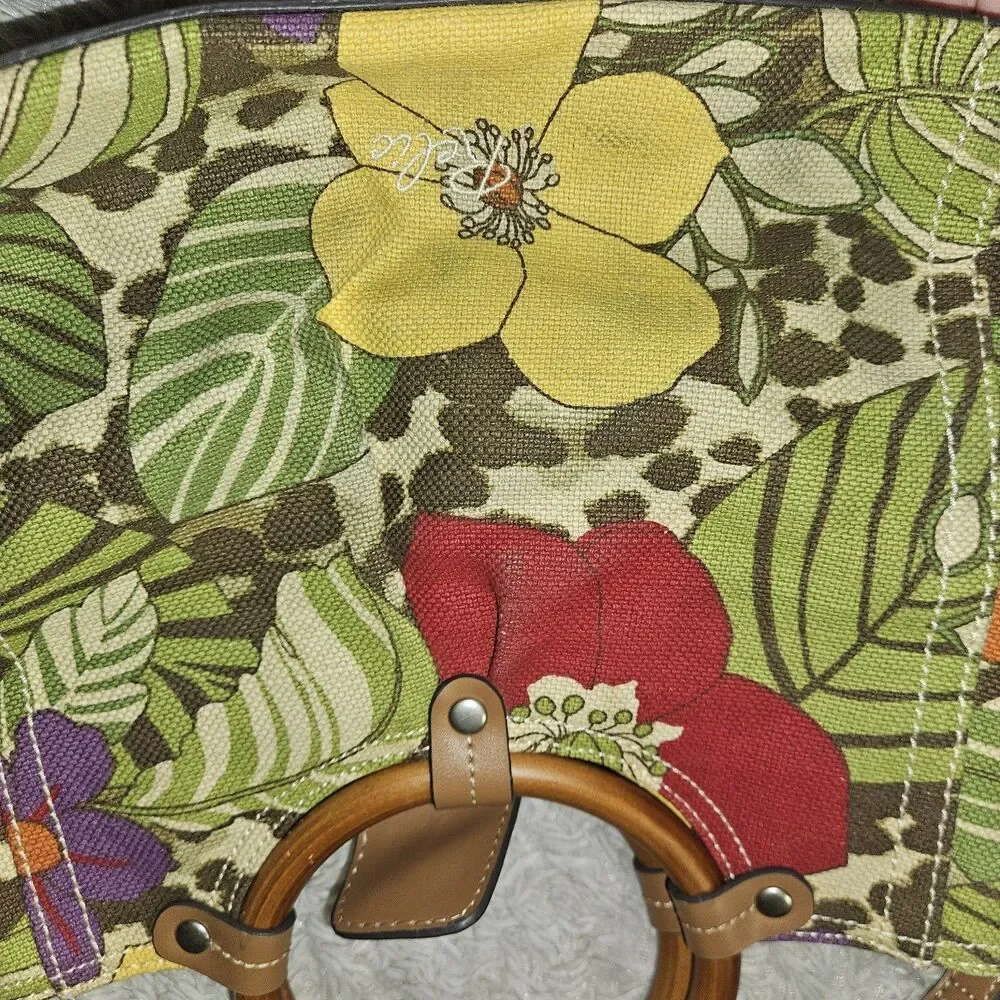 Y2K Relic Fossil Leopard Floral Bag Purse Wooden Handles Crossbody Denim Canvas